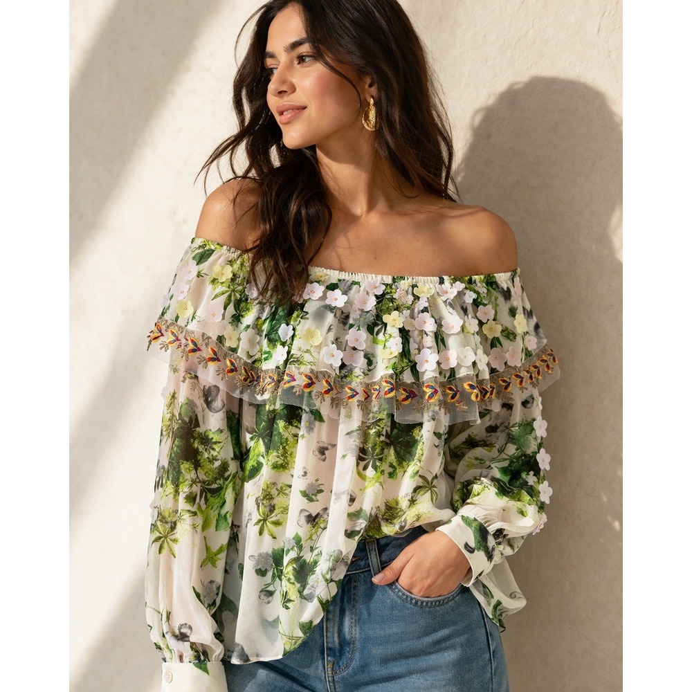 Anthropologie x Varun Bahl Womens Darcie Off-The-Shoulder Top 3D Floral Applique